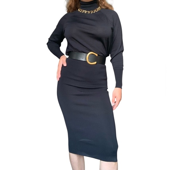 Zara Black Bodycon Dress Fitted Knit Midi Long Sleeve Small - Picture 7 of 9